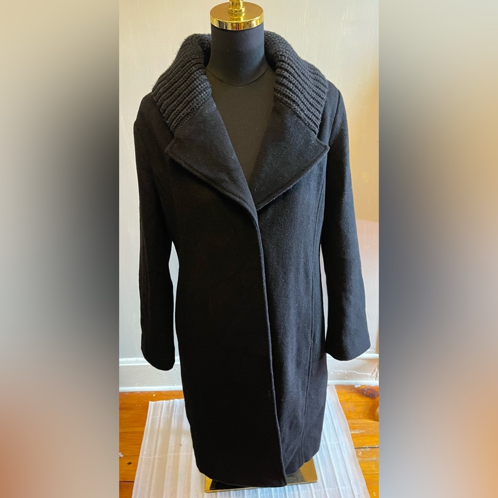 Cole Haan Signature Women’s Ribbed Knit Shawl Collar Wool Blend Black Coat (10)